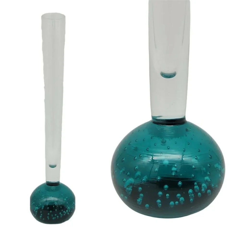 Vintage Teal Bubble Base Blown Glass Vase Narrow Mid Century Modern Smooth 8